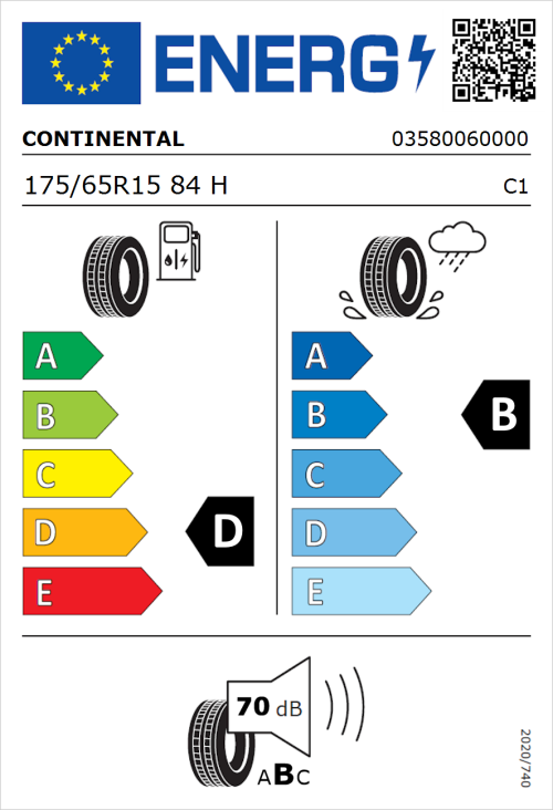 Tyre Label for Continental ContiPremiumContact 2 175/65R15 84H