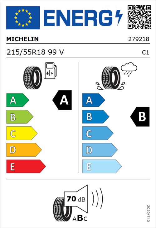 Tyre Label for Michelin e.primacy 215/55R18 99V