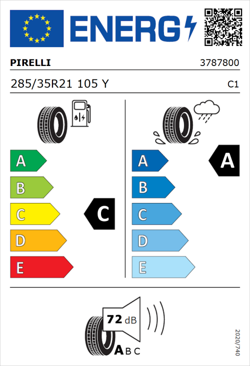Tyre Label for Pirelli P Zero 285/35R21 105Y
