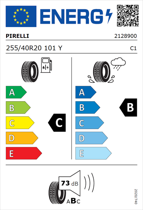 Tyre Label for Pirelli P Zero 255/40R20 101Y